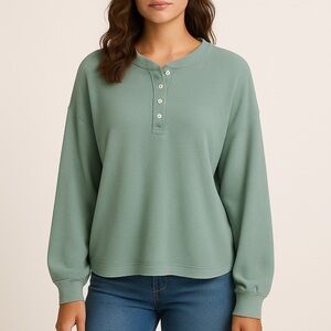 Wishlist Soft Brushed Henley Pullover Sweatshirt in Sage Green – Size Small